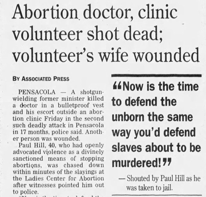 Newspaper story from Naples Daily News with headline reading, "Abortion doctor, clinic volunteer shot dead; volunteer's wife wounded," published on July 30, 1994. - Newspapers.com