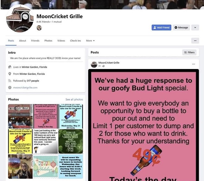 Winter Garden's MoonCricket Grille thought to be mocking Pulse victims with 49-cent Bud Light promo (2)
