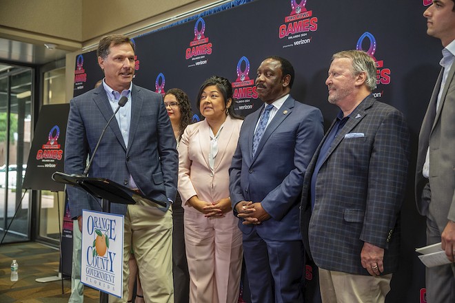 Florida Citrus Sports CEO Steve Hogan, Mayor Demings and Mayor Dyer during the Pro Bowl press event - Photo courtesy Florida Citrus Sports