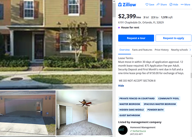 A rental listing in Orange County, Florida, listed by Orlando-based company Homevest Management. Screenshot taken Aug. 3, 2023. - Zillow