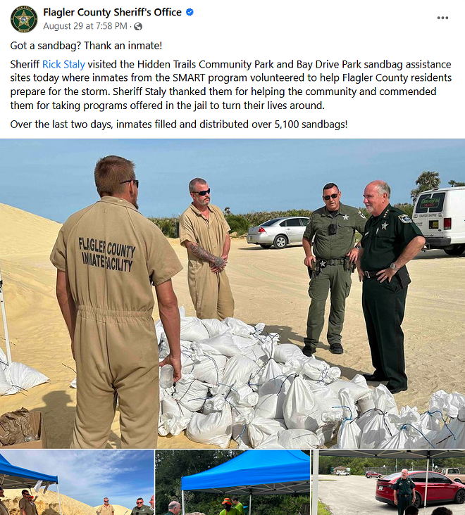 Flagler County Sheriff Rick Staley thanks unpaid laborers from the county jail for filling sandbags ahead of Hurricane Idalia. (Aug. 29, 2023) - Flagler County Sheriff's Office / Facebook