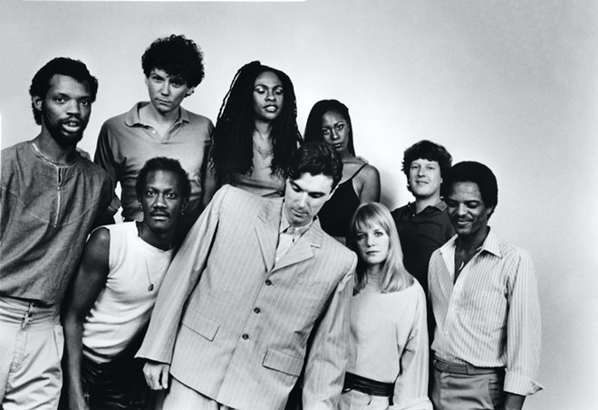 Back row from left: Jerry Harrison, Ednah Holt, Lynn Mabry, Chris Frantz. Front row, from left: Steve Scales, Bernie Worrell, David Byrne, Tina Weymouth and Alex Weir. - Photo courtesy of Sire + Warner Music Group