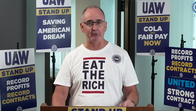 Shawn Fain, UAW president, shares a livestreamed bargaining and strike update via Twitter on Oct. 6, 2023. - United Auto Workers