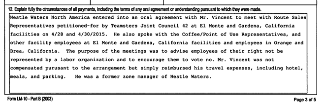 Nestlé Waters North America enlisted a labor consultant in 2015 to convince workers not to join the Teamsters. - Office of Labor Management Services/U.S. Department of Labor