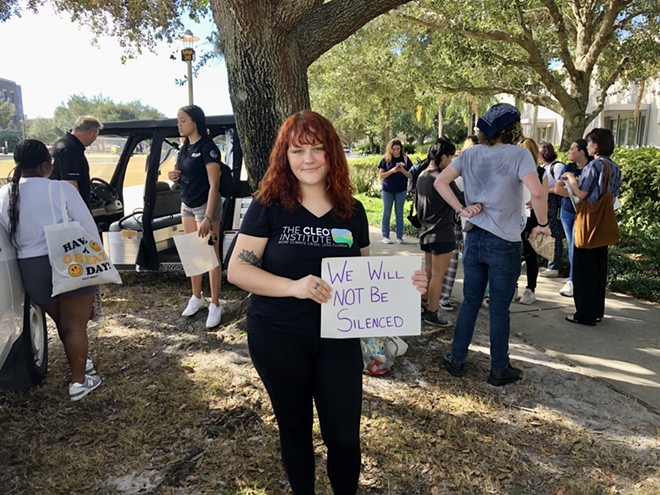 Emma Aagaard, a student at UCF, rallies in protest of new regulations proposed for university campuses. - photo by McKenna Schueler