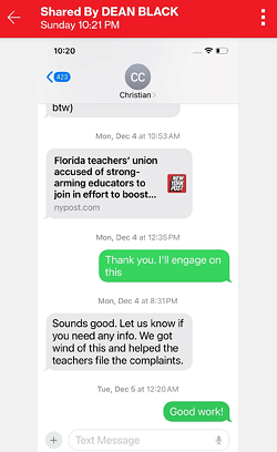 Text message between Rep. Dean Black and a lobbyist for the Freedom Foundation, obtained through a public records request. - Florida House of Representatives