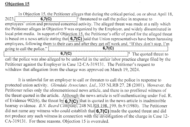 Screenshot of a RD order on union election results obtained by Orlando Weekly through a public records request. - National Labor Relations Board