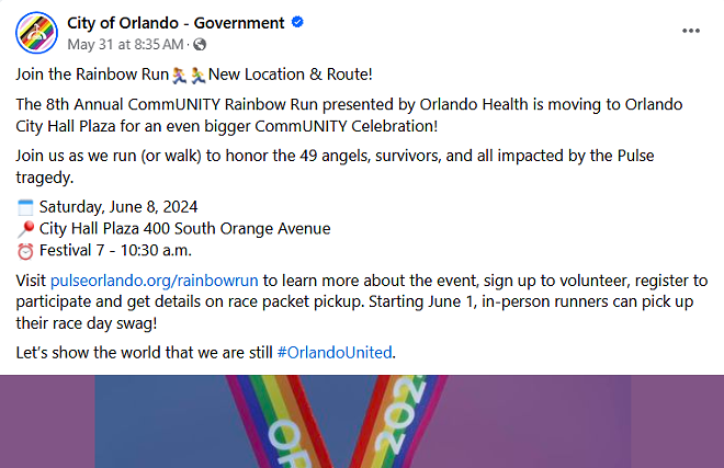 City of Orlando Facebook post about the upcoming CommUnity Rainbow Run, commemorating the Pulse massacre. Screenshot taken June 7, 2024. - Facebook