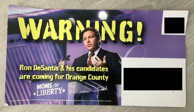 Mailer from the Orange County Democratic Executive Committee warning voters against school board candidate Jeni Grieger. - Photo via Orlando Weekly