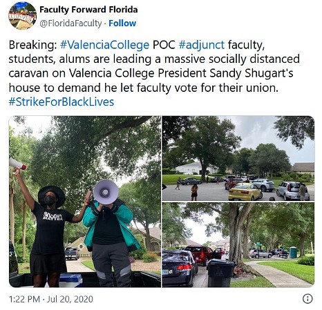 Valencia College students, faculty, and allies participate in a car caravan to show solidarity with the adjuncts union. July 20, 2020. - SEIU-Faculty Forward via Twitter