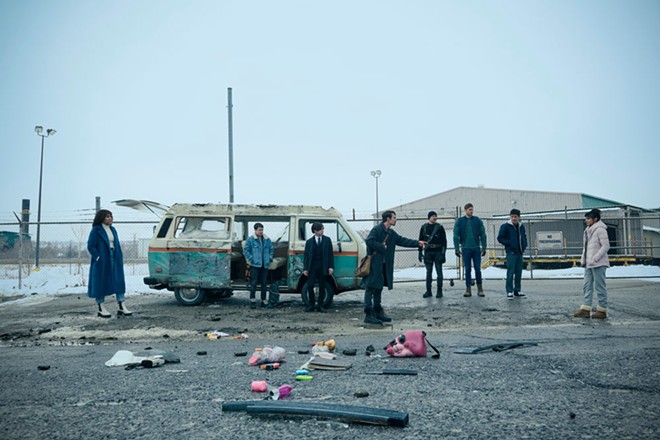 Emmy Raver-Lampman as Allison Hargreeves, Elliot Page as Viktor Hargreeves, Aidan Gallagher as Number Five, Robert Sheehan as Klaus Hargreeves, David Castañeda as Diego Hargreeves, Tom Hopper as Luther Hargreeves, Justin H. Min as Ben Hargreeves, Ritu Arya as Lila Pitts in "The Umbrella Academy" - Photo by Christos Kalohoridis/Netflix © 2024