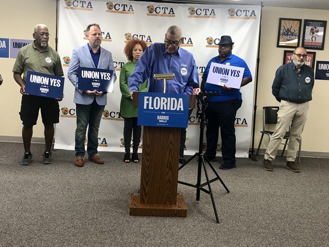 Ron Pollard, president of OESPA, and local educators speak out against Project 2025 (Oct. 4, 2024) - photo by McKenna Schueler