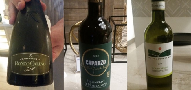 Wines: Franciacorta Brut Satèn | 2012 Caparzo Brunello | 2015 Matteo Correggia  Roero Arneis