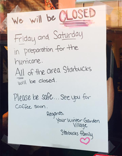 Sign posted on the door of Winter Garden Village Starbucks location. Get your PSL while you can, basics.