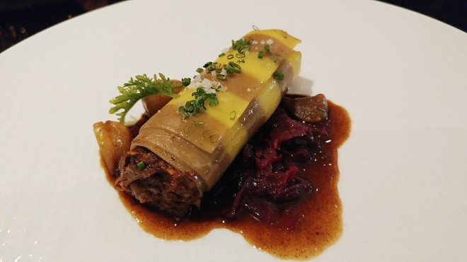 Braised jerked oxtail cannelloni, red wine reduction, mulled red cabbage, roasted chestnuts - FAIYAZ KARA