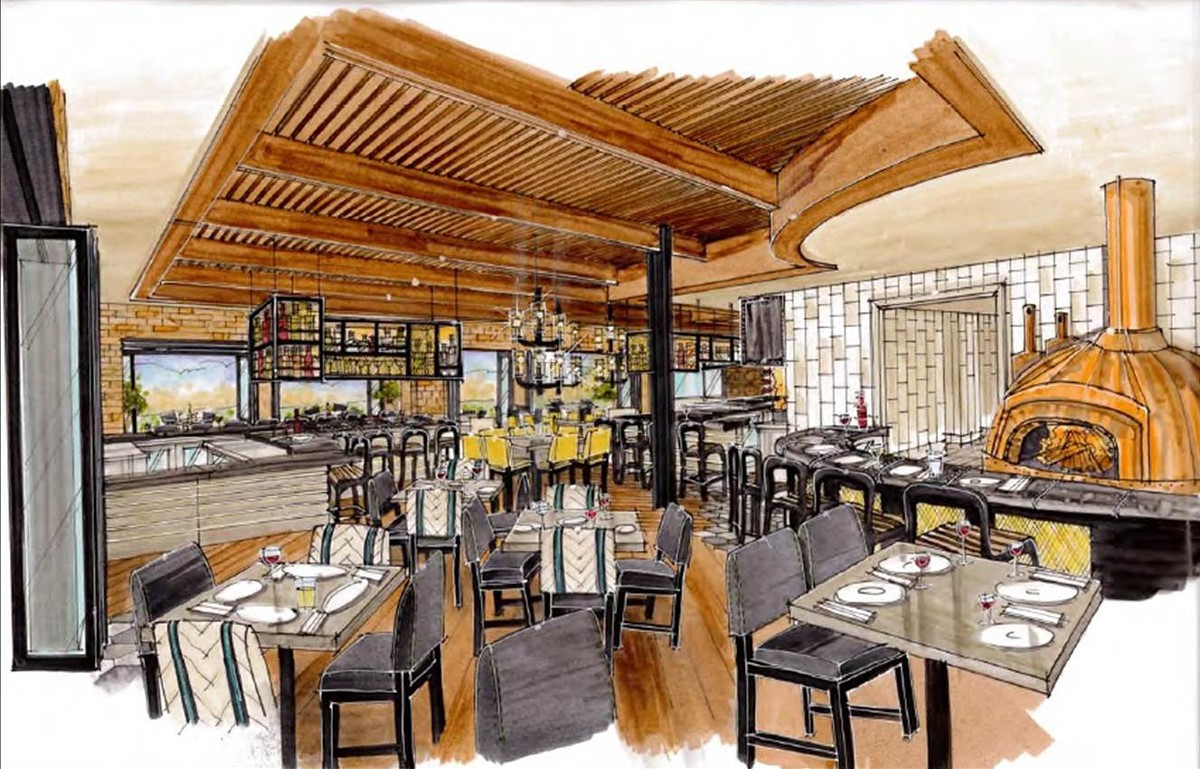 Interior rendering of dining area and wood fire grill at Slate