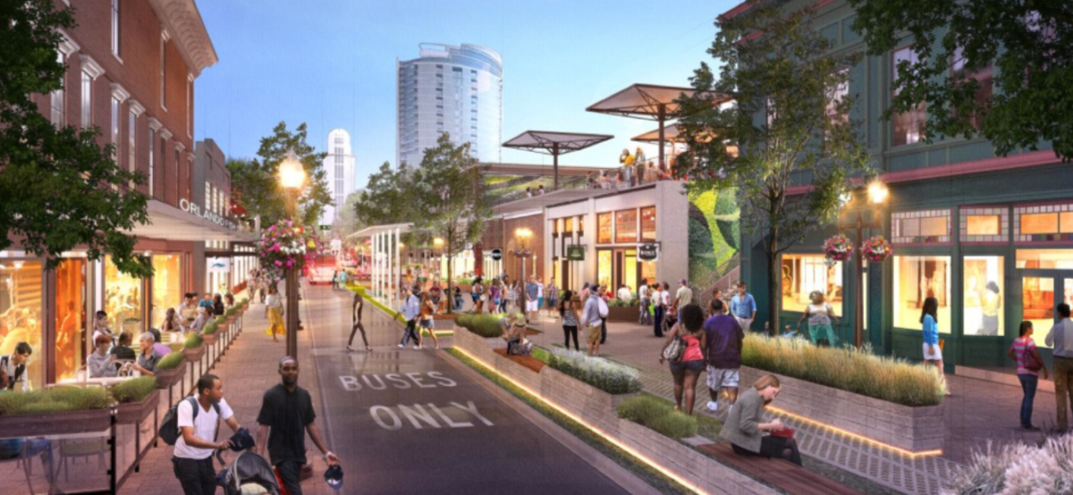 Artist's concept of a reimagined, pedestrian-friendly Magnolia Avenue in downtown Orlando. It features many of the characteristics used in the Thornton Park parklets.