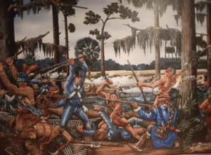A painting of a battle between indigenous Floridians and colonizers.
