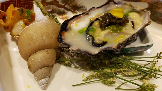Japanese sea snail, shochu, fermented chile (L); Kumamoto oyster, caviar, negi sauce