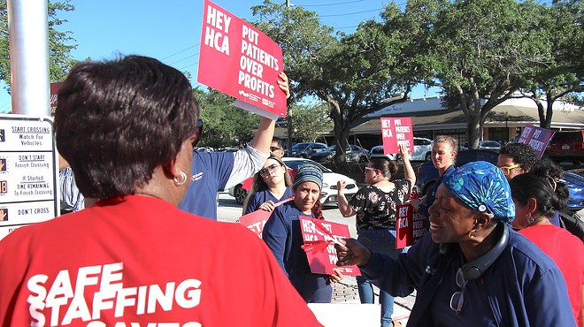 Registered nurses and community allies rally in support of putting patients over profits at HCA Florida Osceola Hospital in Kissimmee, Florida. June 27,  2024.