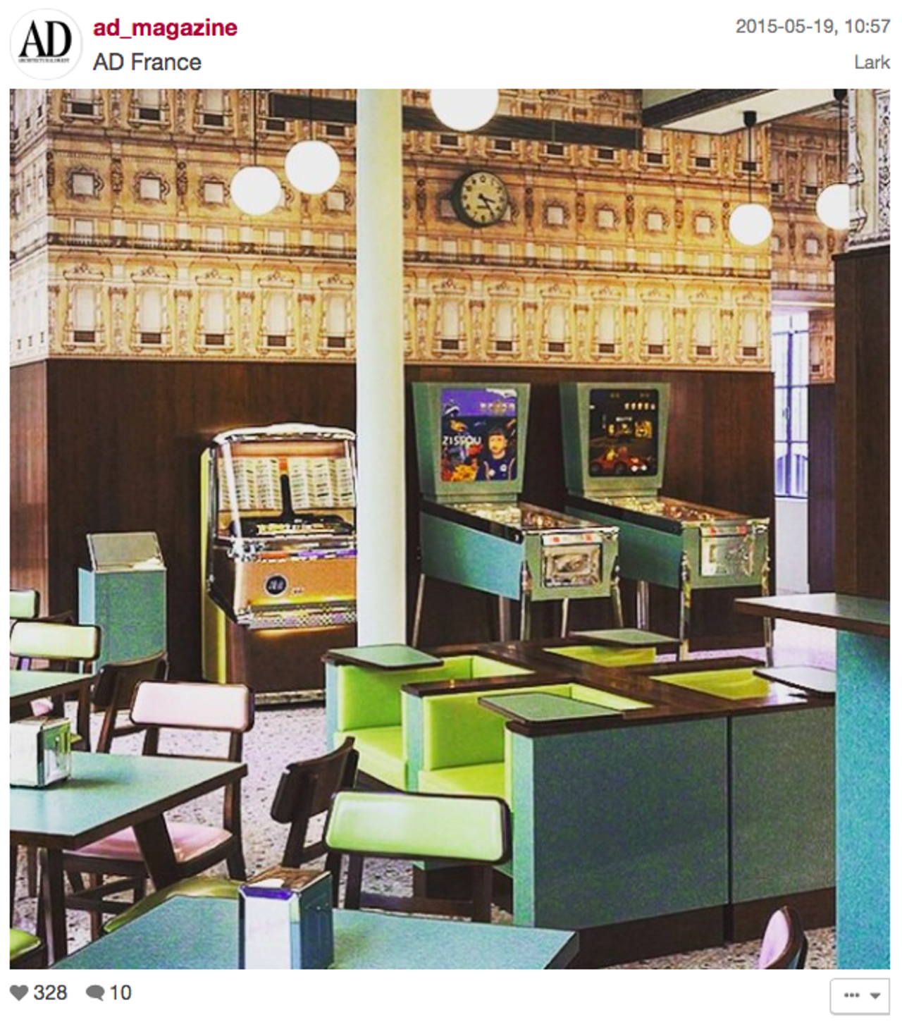Square club chairs, a jukebox, and custom vintage pinball machines.