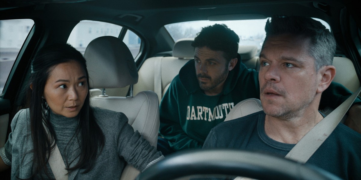 Hong Chau, Casey Affleck and Matt Damon in "The Instigators"