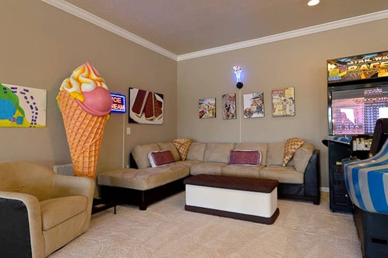 Ice Cream Social Room
11207 Gullford Rd, Clermont, 352-250-4220
The ice cream social room is where the party gets started. The lounge area features an ice cream sandwich bench, game tables a karaoke system, disco ball and plenty of games for the crew.  Think of the sugar escape like a land cruise. 
Photo via The Sweet Escape/Website